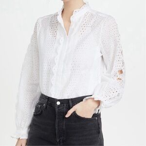 FRAME Denim Scallop Button Down Shirt Blanc White Eyelet Petal Button Down Top